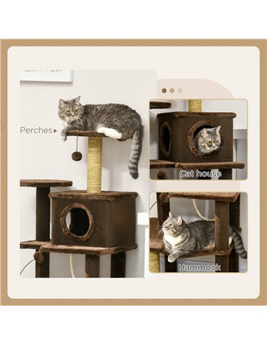 PawHut 136cm Cat Tree for Indoor Cats, Modern Cat Tower with Scratching Posts, house, Platforms, Toy Ball - Brown