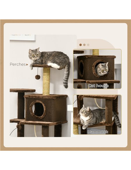 PawHut 136cm Cat Tree for Indoor Cats, Modern Cat Tower with Scratching Posts, house, Platforms, Toy Ball - Brown - pic 146895 | FastDaddyshop