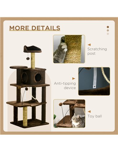 PawHut 136cm Cat Tree for Indoor Cats, Modern Cat Tower with Scratching Posts, house, Platforms, Toy Ball - Brown