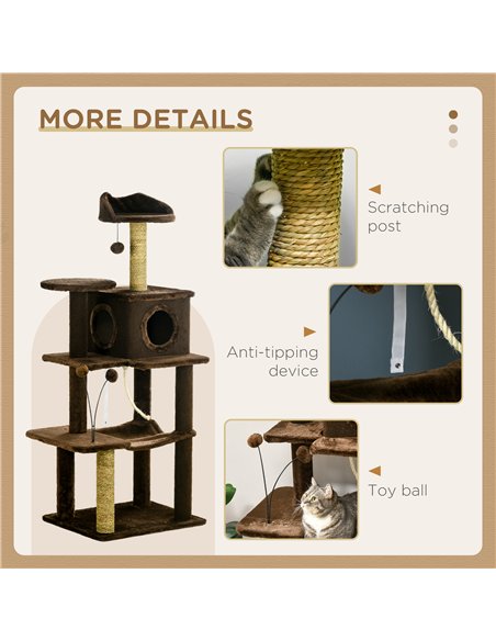PawHut 136cm Cat Tree for Indoor Cats, Modern Cat Tower with Scratching Posts, house, Platforms, Toy Ball - Brown - pic 146896 | FastDaddyshop