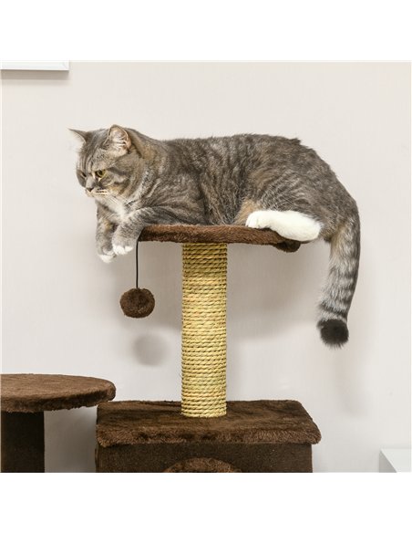 PawHut 136cm Cat Tree for Indoor Cats, Modern Cat Tower with Scratching Posts, house, Platforms, Toy Ball - Brown - pic 146898 | FastDaddyshop
