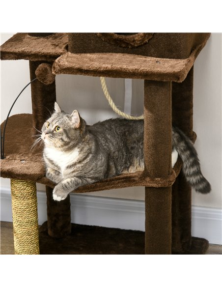 PawHut 136cm Cat Tree for Indoor Cats, Modern Cat Tower with Scratching Posts, house, Platforms, Toy Ball - Brown - pic 146899 | FastDaddyshop