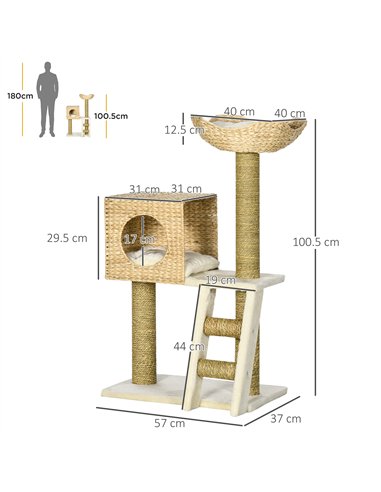 PawHut Cat Tree, with Scratching Posts, Bed, Cat House - Natural Finish