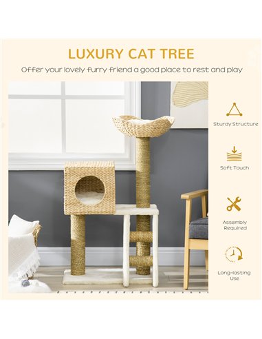 PawHut Cat Tree, with Scratching Posts, Bed, Cat House - Natural Finish