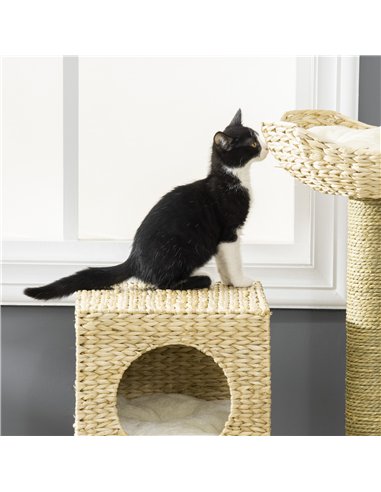 PawHut Cat Tree, with Scratching Posts, Bed, Cat House - Natural Finish