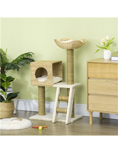 PawHut Cat Tree, with Scratching Posts, Bed, Cat House - Natural Finish