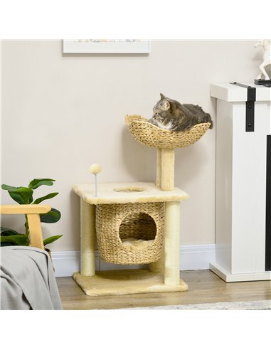 PawHut Cat Tree for Indoor Cats with Scratching Posts, Cat House, Bed, Toy Ball, Beige