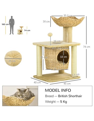 PawHut Cat Tree for Indoor Cats with Scratching Posts, Cat House, Bed, Toy Ball, Beige