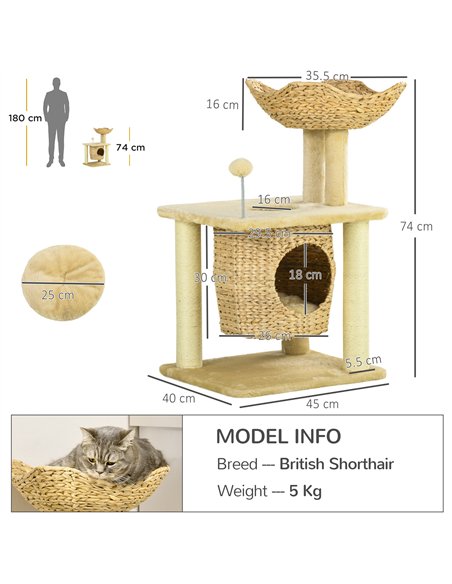 PawHut Cat Tree for Indoor Cats with Scratching Posts, Cat House, Bed, Toy Ball, Beige - pic 146911 | FastDaddyshop
