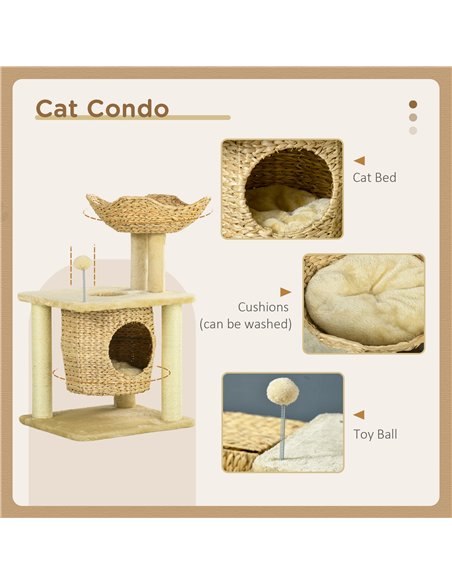 PawHut Cat Tree for Indoor Cats with Scratching Posts, Cat House, Bed, Toy Ball, Beige - pic 146913 | FastDaddyshop
