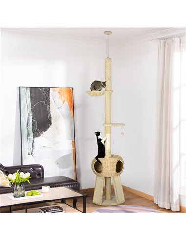 PawHut 255cm Cat Tree Tower for Indoor Cats, with Scratching Post, Cat House, Platform - Beige