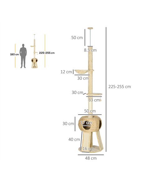 PawHut 255cm Cat Tree Tower for Indoor Cats, with Scratching Post, Cat House, Platform - Beige - pic 146920 | FastDaddyshop