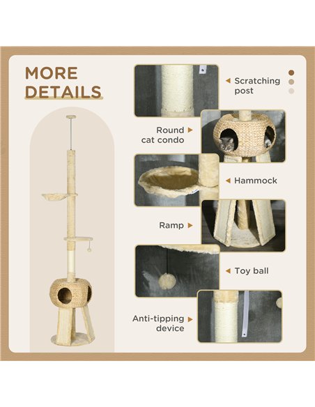 PawHut 255cm Cat Tree Tower for Indoor Cats, with Scratching Post, Cat House, Platform - Beige - pic 146923 | FastDaddyshop