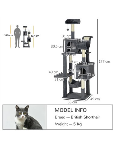 PawHut 177cm Cat Tree with Scratching Post, Hammock, Cat House - Dark Grey