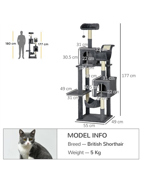 PawHut 177cm Cat Tree with Scratching Post, Hammock, Cat House - Dark Grey - pic 146929 | FastDaddyshop
