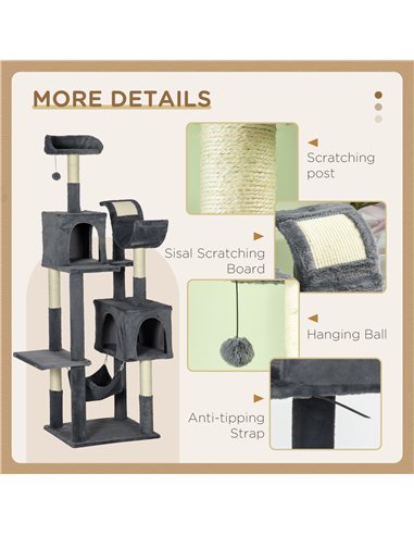 PawHut 177cm Cat Tree with Scratching Post, Hammock, Cat House - Dark Grey
