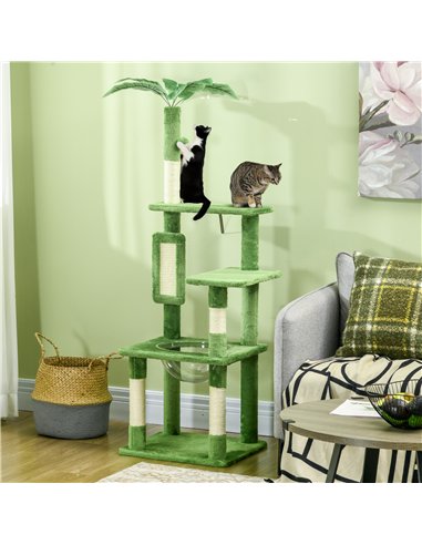 PawHut 142cm Cat Tree Tower, with Scratching Post, Hammock, Toy Ball, Platforms - Green