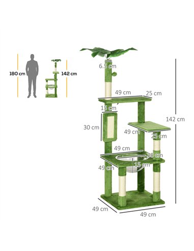 PawHut 142cm Cat Tree Tower, with Scratching Post, Hammock, Toy Ball, Platforms - Green