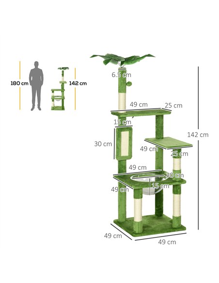 PawHut 142cm Cat Tree Tower, with Scratching Post, Hammock, Toy Ball, Platforms - Green - pic 146938 | FastDaddyshop