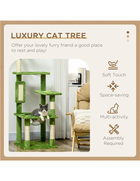 PawHut 142cm Cat Tree Tower, with Scratching Post, Hammock, Toy Ball, Platforms - Green - pic 146939 | FastDaddyshop