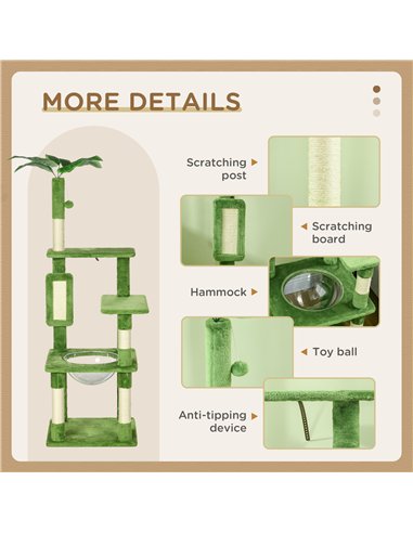 PawHut 142cm Cat Tree Tower, with Scratching Post, Hammock, Toy Ball, Platforms - Green
