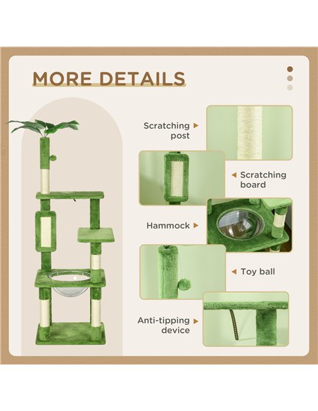 PawHut 142cm Cat Tree Tower, with Scratching Post, Hammock, Toy Ball, Platforms - Green - pic 146941 | FastDaddyshop
