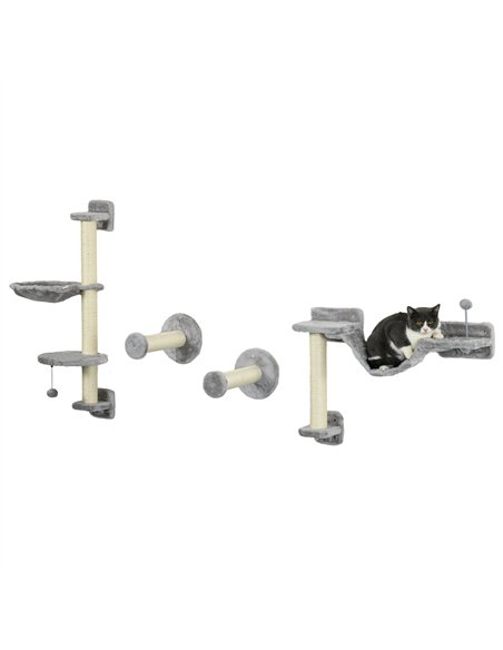 PawHut Four-Piece Cat Wall Furniture with Hammock, Perches, Ladder, Scratching Post, Grey - pic 146945 | FastDaddyshop