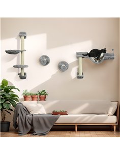 PawHut Four-Piece Cat Wall Furniture with Hammock, Perches, Ladder, Scratching Post, Grey 2