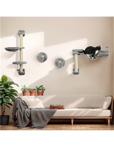 PawHut Four-Piece Cat Wall Furniture with Hammock, Perches, Ladder, Scratching Post, Grey