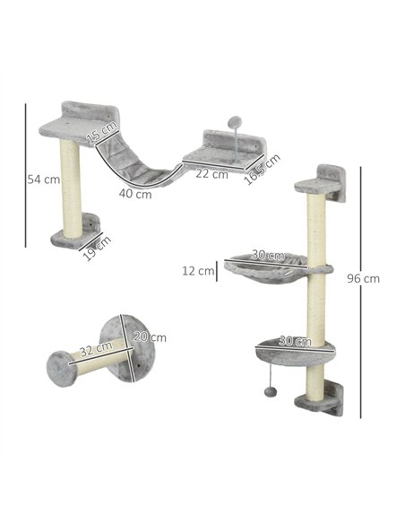 PawHut Four-Piece Cat Wall Furniture with Hammock, Perches, Ladder, Scratching Post, Grey - pic 146947 | FastDaddyshop