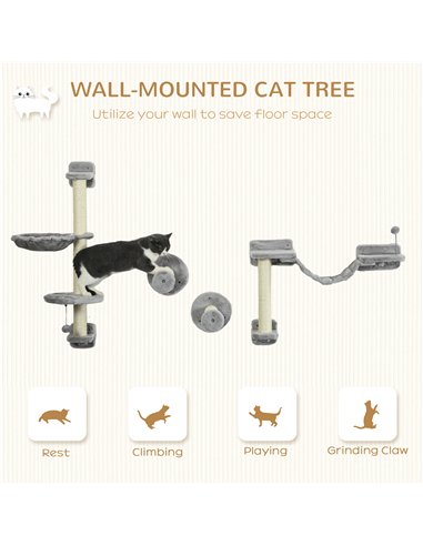 PawHut Four-Piece Cat Wall Furniture with Hammock, Perches, Ladder, Scratching Post, Grey