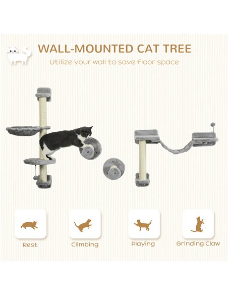 PawHut Four-Piece Cat Wall Furniture with Hammock, Perches, Ladder, Scratching Post, Grey - pic 146948 | FastDaddyshop