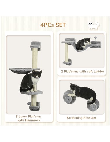 PawHut Four-Piece Cat Wall Furniture with Hammock, Perches, Ladder, Scratching Post, Grey