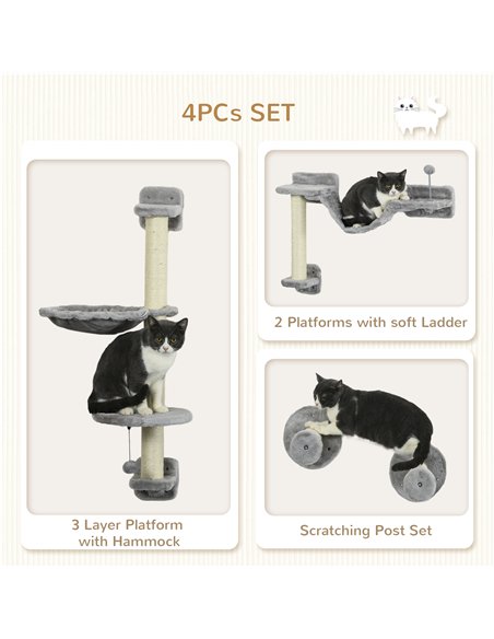 PawHut Four-Piece Cat Wall Furniture with Hammock, Perches, Ladder, Scratching Post, Grey - pic 146949 | FastDaddyshop