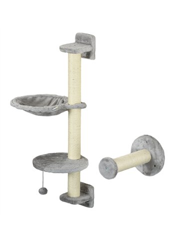 PawHut Four-Piece Cat Wall Furniture with Hammock, Perches, Ladder, Scratching Post, Grey
