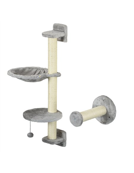 PawHut Four-Piece Cat Wall Furniture with Hammock, Perches, Ladder, Scratching Post, Grey - pic 146952 | FastDaddyshop