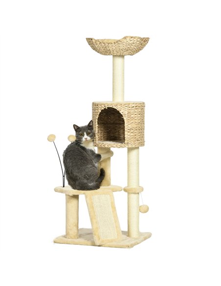PawHut Cat Tree Tower with Scratching Post, Cat House, Bed, Toy Ball, Platform - Beige - pic 146954 | FastDaddyshop
