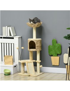 PawHut Cat Tree Tower with Scratching Post, Cat House, Bed, Toy Ball, Platform - Beige 2