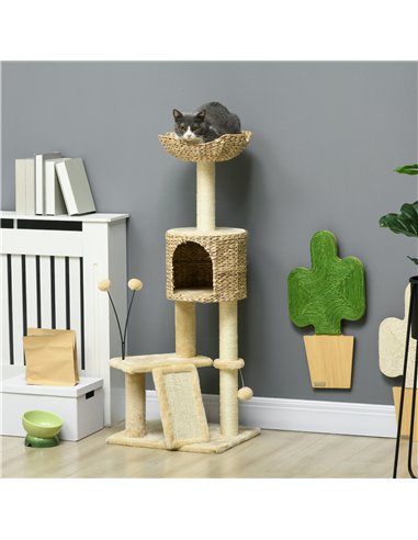 PawHut Cat Tree Tower with Scratching Post, Cat House, Bed, Toy Ball, Platform - Beige