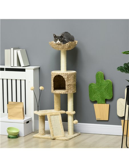 PawHut Cat Tree Tower with Scratching Post, Cat House, Bed, Toy Ball, Platform - Beige - pic 146955 | FastDaddyshop