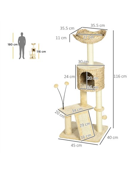 PawHut Cat Tree Tower with Scratching Post, Cat House, Bed, Toy Ball, Platform - Beige - pic 146956 | FastDaddyshop