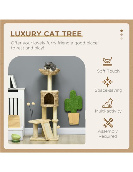 PawHut Cat Tree Tower with Scratching Post, Cat House, Bed, Toy Ball, Platform - Beige - pic 146957 | FastDaddyshop