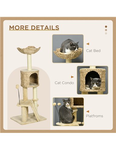 PawHut Cat Tree Tower with Scratching Post, Cat House, Bed, Toy Ball, Platform - Beige