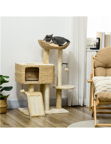 PawHut 95cm Cat Tree Tower for Indoor Cats, with Scratching Post, Cat House, Toy Ball, Platform - Beige