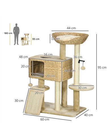 PawHut 95cm Cat Tree Tower for Indoor Cats, with Scratching Post, Cat House, Toy Ball, Platform - Beige