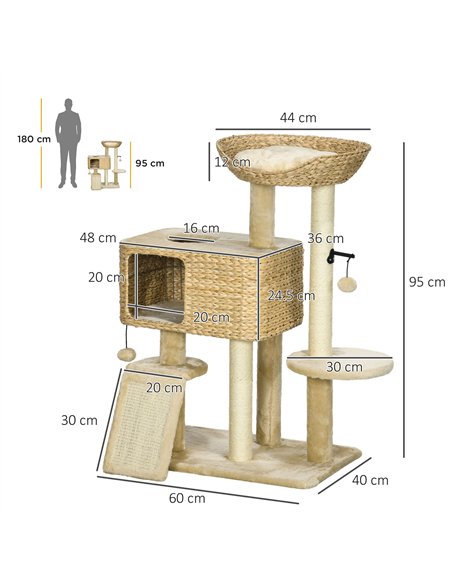PawHut 95cm Cat Tree Tower for Indoor Cats, with Scratching Post, Cat House, Toy Ball, Platform - Beige - pic 146965 | FastDaddyshop