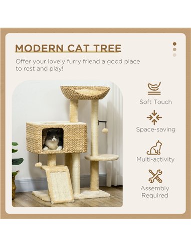 PawHut 95cm Cat Tree Tower for Indoor Cats, with Scratching Post, Cat House, Toy Ball, Platform - Beige