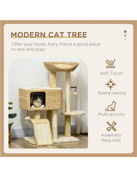 PawHut 95cm Cat Tree Tower for Indoor Cats, with Scratching Post, Cat House, Toy Ball, Platform - Beige - pic 146966 | FastDaddyshop