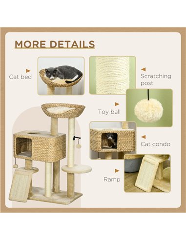 PawHut 95cm Cat Tree Tower for Indoor Cats, with Scratching Post, Cat House, Toy Ball, Platform - Beige
