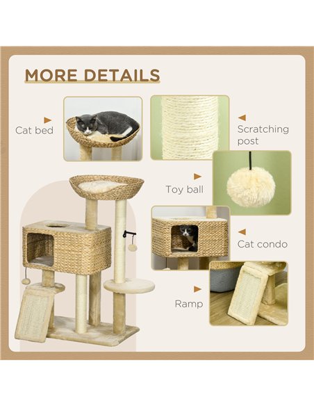 PawHut 95cm Cat Tree Tower for Indoor Cats, with Scratching Post, Cat House, Toy Ball, Platform - Beige - pic 146967 | FastDaddyshop